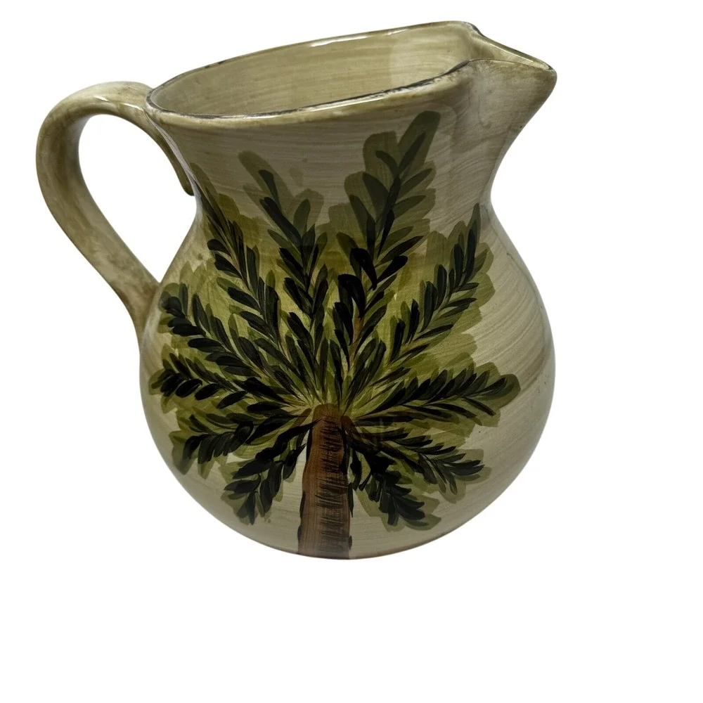 Emerald Bay Tabletops Unlimited Palm Tree‎ Ceramic Pitcher/Bowl Set Hand Painted